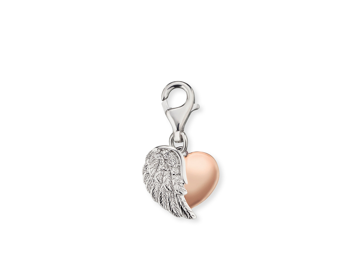 Engelsrufer ERC-HEARTWING-BICOR Charm Herzflügel Bicolor mit Zirkonia in Roségold Verg. auf Silber, zeigt einen Herzanhänger mit Flügeln, elegant und stilvoll gestaltet.