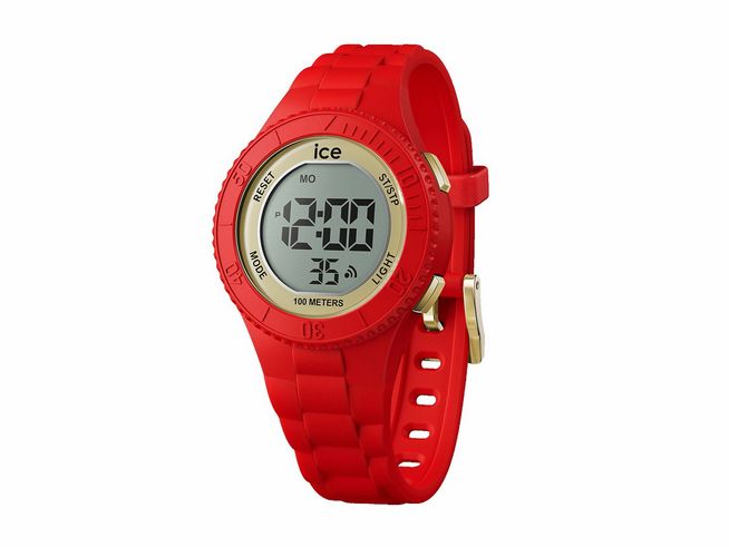 Die Ice watch 021620 ist eine digitale Armbanduhr in leuchtendem Rot mit einem goldenen Gehäuse, großer digitaler Anzeige und elastischem Silikonarmband, geeignet für 100 Meter Wasserdichtigkeit.