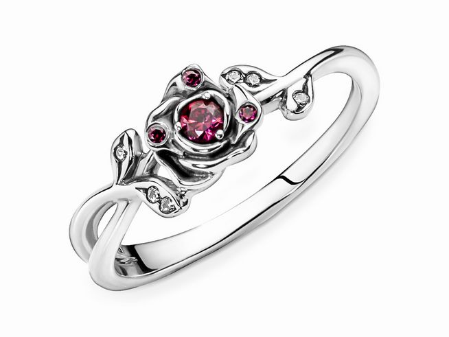 Eleganter Rosenring aus Sterling Silber mit buntem Zirkonia, inspiriert von Disney Die Schöne und das Biest, Größe 48, verarbeitet mit filigranen Details und einem leuchtenden Rosenmotiv.