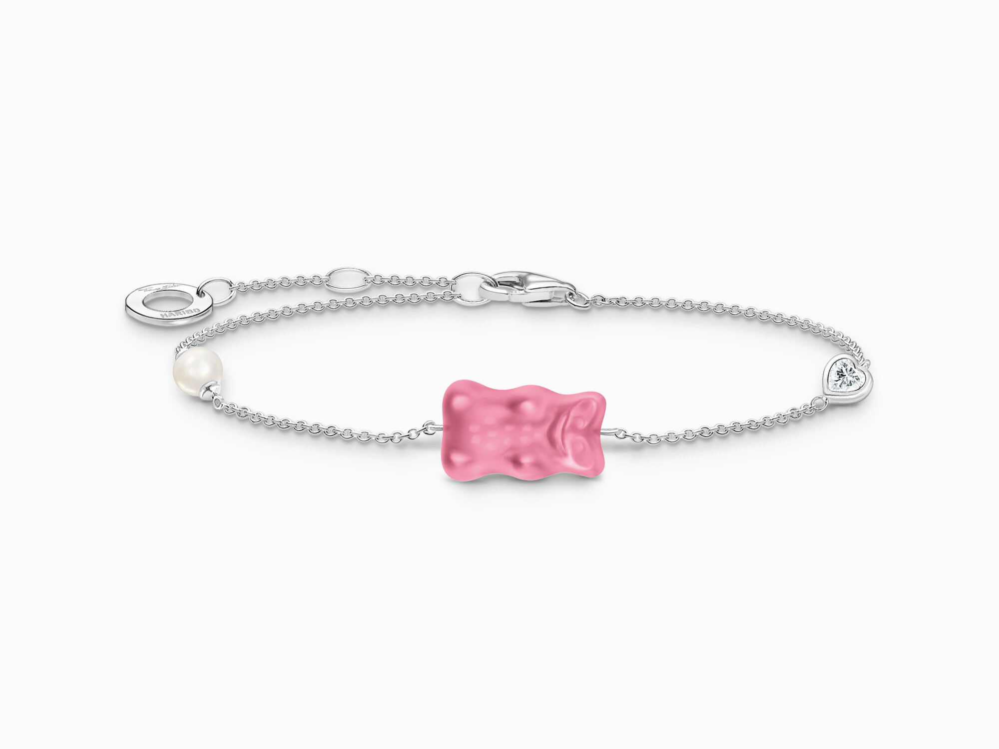 Pinkes Gummibärchen Armband aus Silber mit Zirkonia und Perle, ideal für einen verspielten Look, gefertigt von Thomas Sabo, in den Größen 16 bis 19 cm.