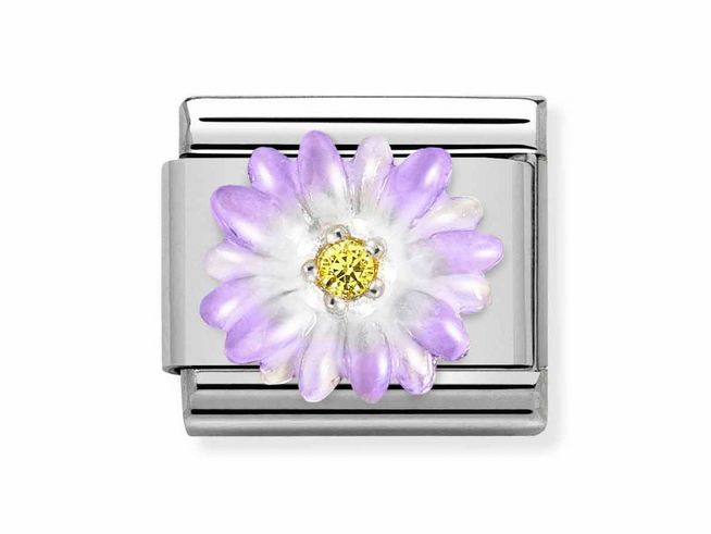 Charm von Nomination aus Edelstahl und Sterling Silber mit einer violetten Blume und einem gelben Stein in der Mitte. Ideal für persönliche Schmuckstücke und kreative Designs.