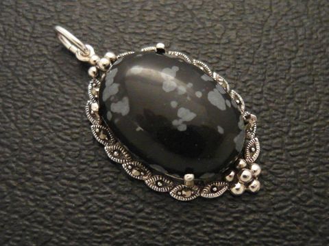 Cabochon - Schneeflocken-Obsidian - Silber Medaillon Anhänger