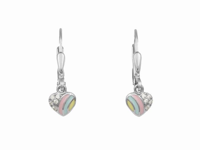 Ohrringe Ohrhänger in Herzform aus buntem Lack mit glitzernden Elementen, aus Sterling Silber und rhodiniert, hergestellt von Juwelier Harnisch, ideal für Kinder.