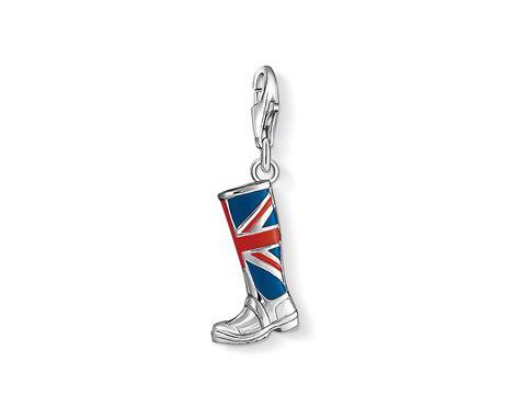 Thomas Sabo Charm in Form eines Stiefels mit dem Union Jack Design, rot und blau emailliert, aus Silber, ideal für Ländercharms und als modisches Accessoire.