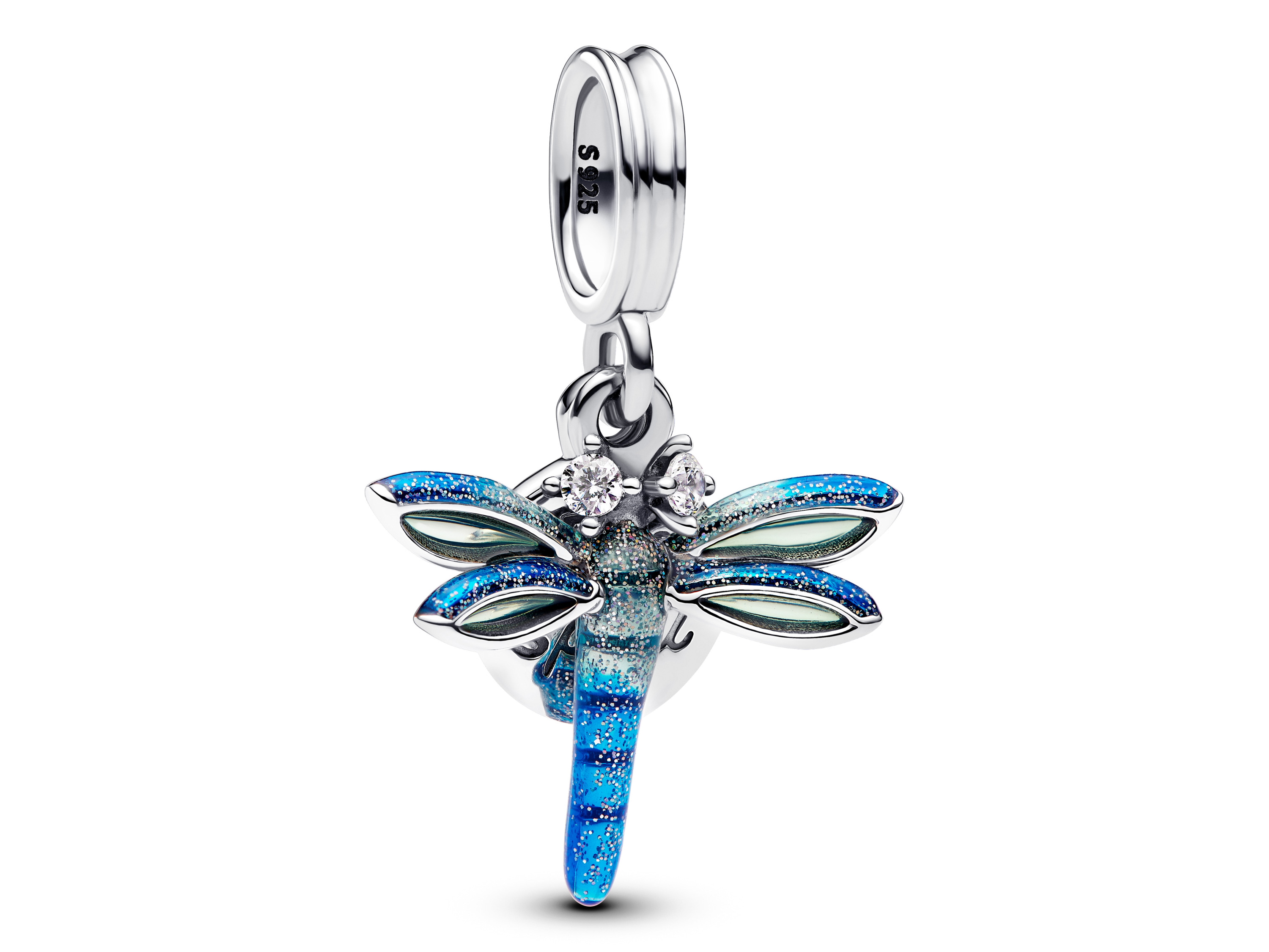 Charm in Form einer Libelle aus Sterling Silber mit blauer Emaille und Zirkonia, Hersteller Pandora, Neuheiten. Schmuckstück mit funkelnden Details und filigranem Design.