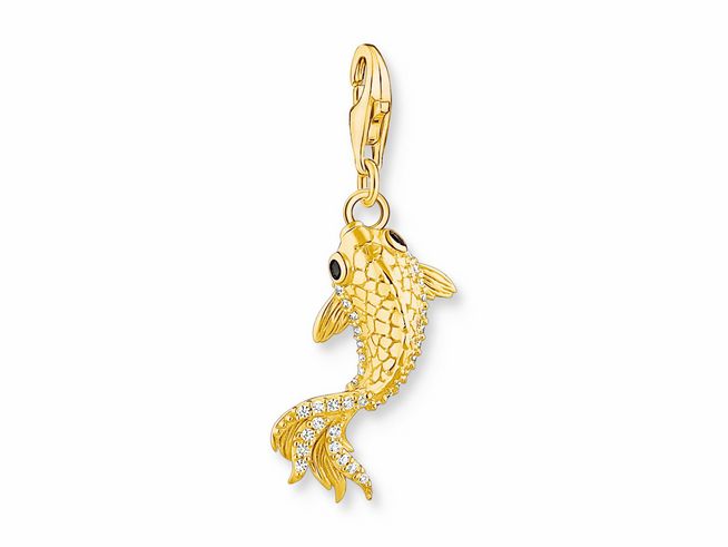 Thomas Sabo charm Koi in vergoldetem Sterling Silber mit Zirkonia, dargestellt als detailreicher, eleganter Fisch mit funkelnden Elementen und einem praktischen Clipverschluss.