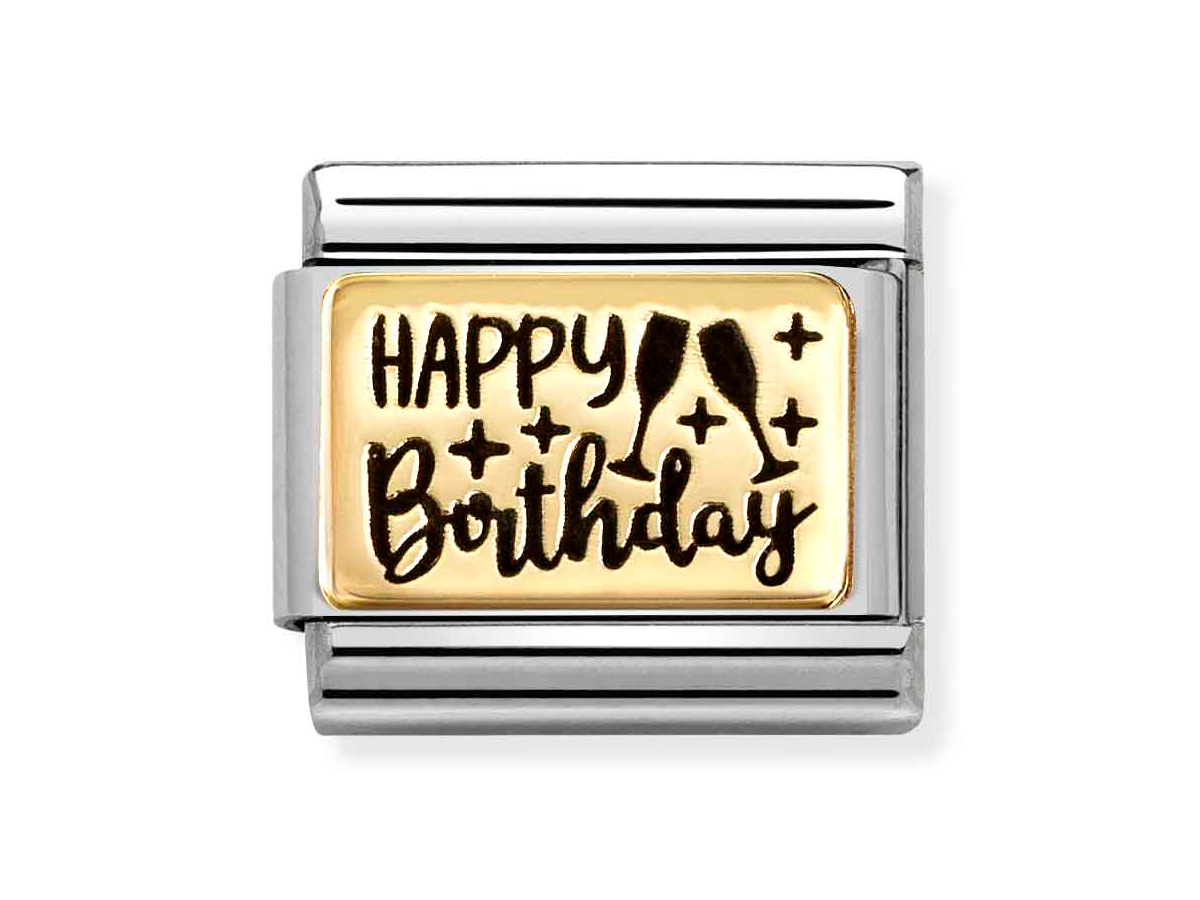 Goldenes Element mit der Aufschrift Happy Birthday und Sektgläsern, verziert mit kleinen Pluszeichen, montiert auf einem silbernen Hintergrund, von Nomination, Modellnummer 030166 60.