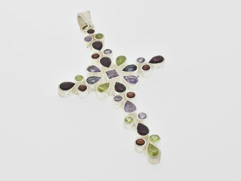 Kreuz Silber Anhänger - glamourös - Granat + Amethyst + Peridot