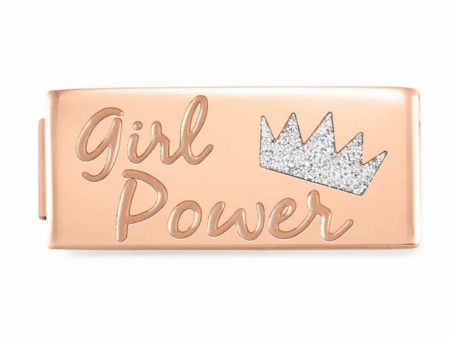 Charm von Nomination Classic GLAM Link aus Edelstahl mit Emaille in Roségold, gravierte Schriftart "Girl Power" und glänzende Krone als Motiv, ideal für modische Akzente.