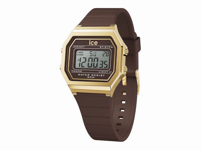 Ice Watch Uhr 022065 - ICE digit retro Brown Cappuccino - Small mit goldfarbenem Gehäuse und braunem Silikonarmband, digitale Anzeige, wasserdicht bis 30 Meter.