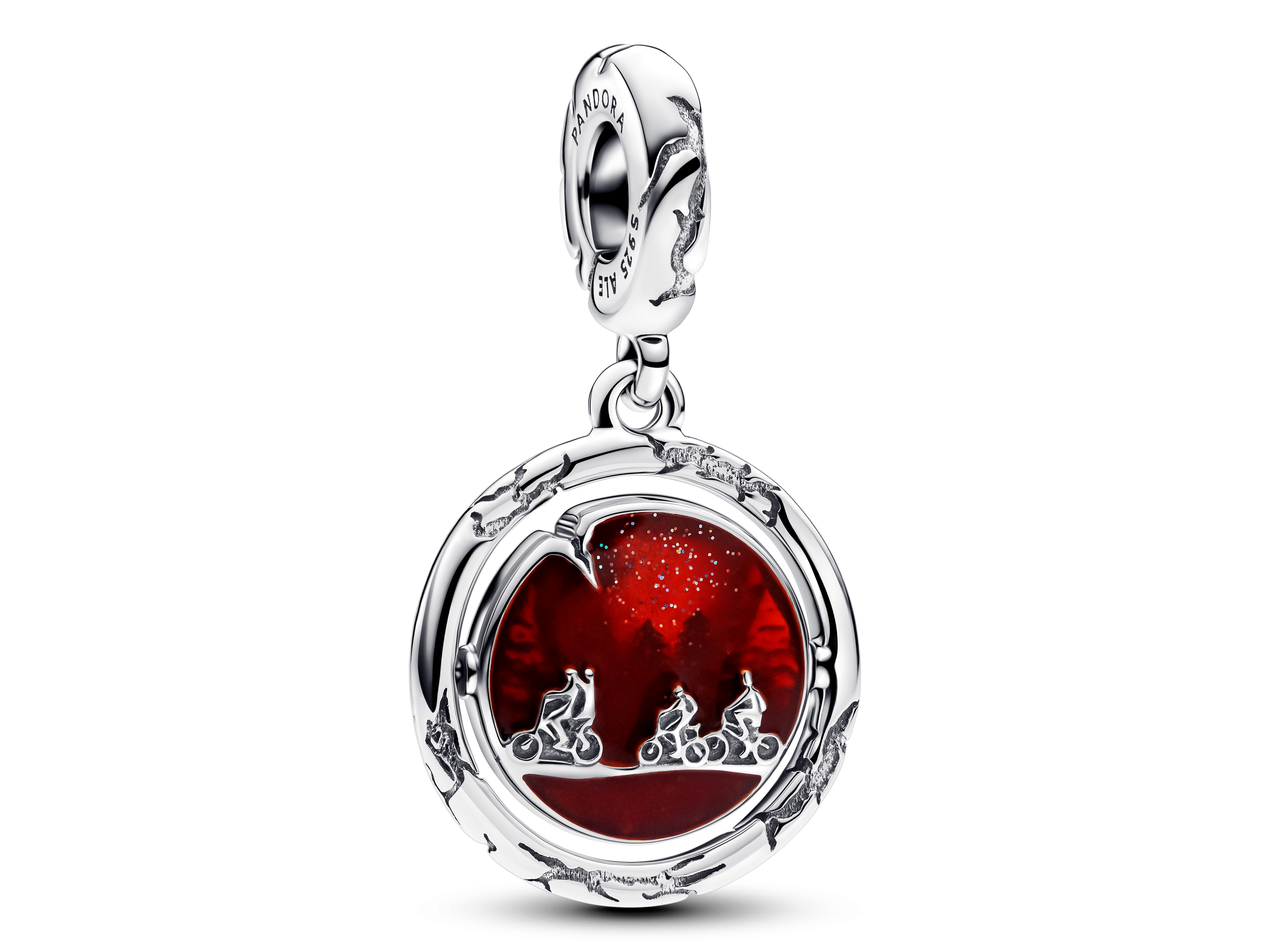 Pandora Charm 793563C01 aus Silber, inspiriert von Stranger Things, zeigt eine rot leuchtende Dangle mit kindlichen Figuren auf Fahrrädern, die im Dunkeln leuchtet.