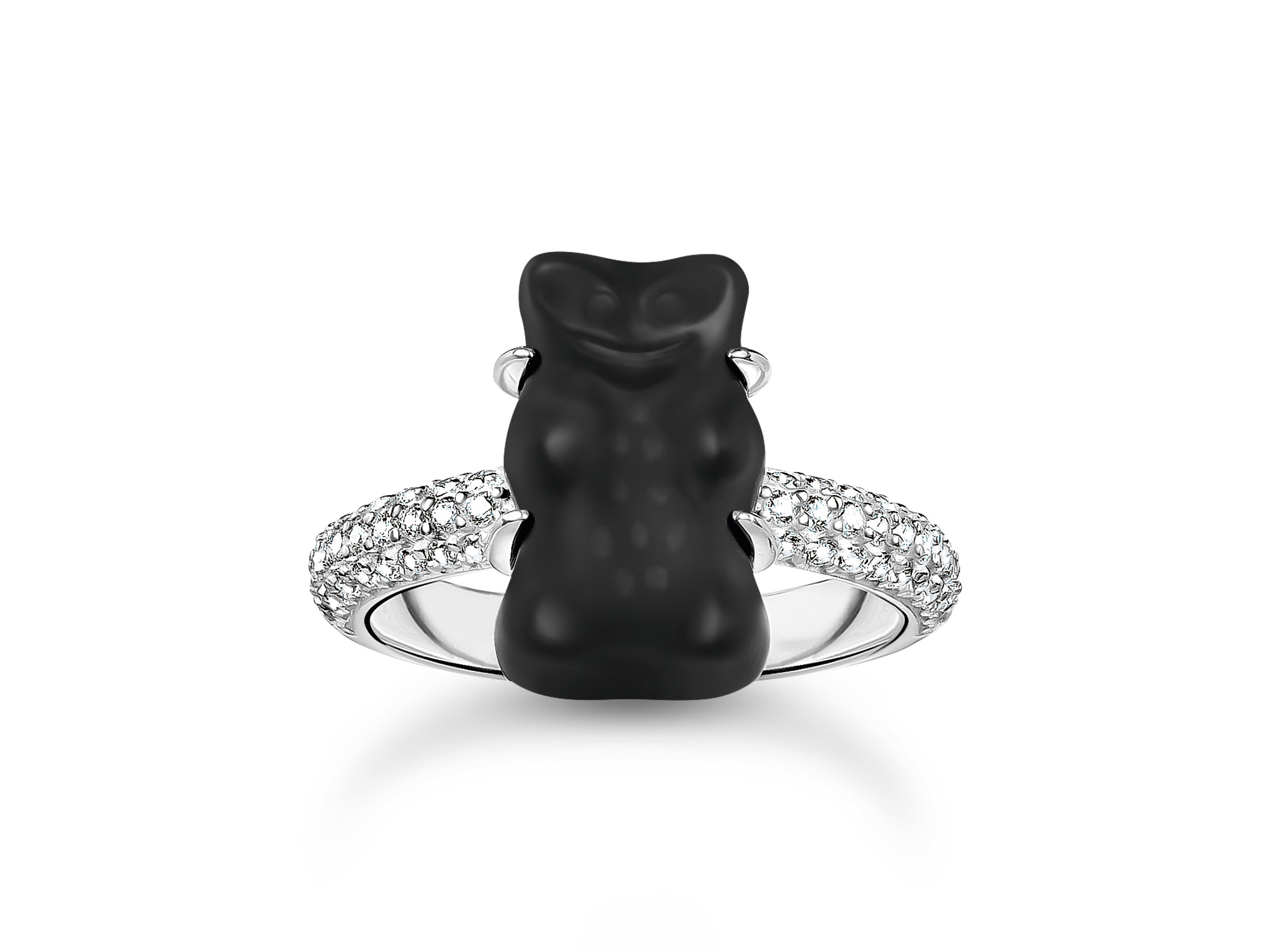 Schwarzer Gummibärchen Ring aus Silber mit Zirkonia von Thomas Sabo in der Größe 50, inspiriert vom HARIBO Goldbären, modernes und verspieltes Schmuckstück für jeden Anlass.