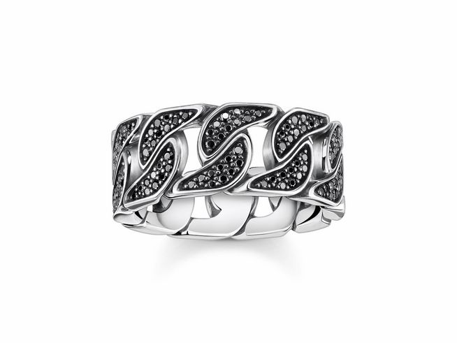 Ring von Thomas Sabo in Sterling Silber mit geschwärztem Design und Zirkonia, Größe 52, auffällige Wellenstruktur, glänzende Oberflächen und edle Optik.