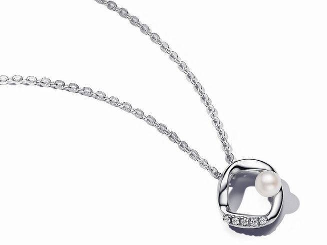 Pandora ESSENCE 393303C01-45 cm organisch geformter Pavé Kreis & Süßwasserzuchtperlen Collier-Halskette - Silber