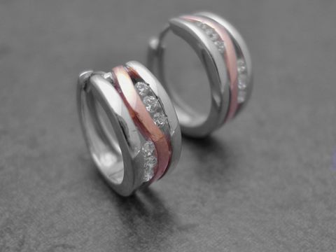 Designerwellen Creolen - Sterling Silber - 14 mm bicolor Rosévergoldung rhod. - Zirkonia