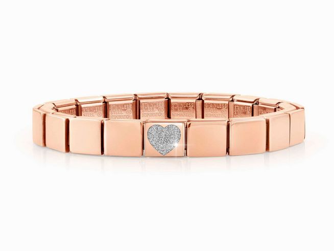 Elegantes Armband aus Edelstahl in Roségold mit einem glitzernden Herzen in Silber, der perfekte Schmuck für besondere Anlässe und Alltagslooks, Hersteller: Nomination.