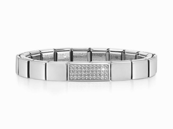 Nomination Classic GLAM Armband Edelstahl Silber 239101 22 Double Link WEISS, gefertigt aus hochwertigem Edelstahl mit einer glänzenden Oberfläche und eleganten Zirkonia-Steinen im Mittelpunkt.