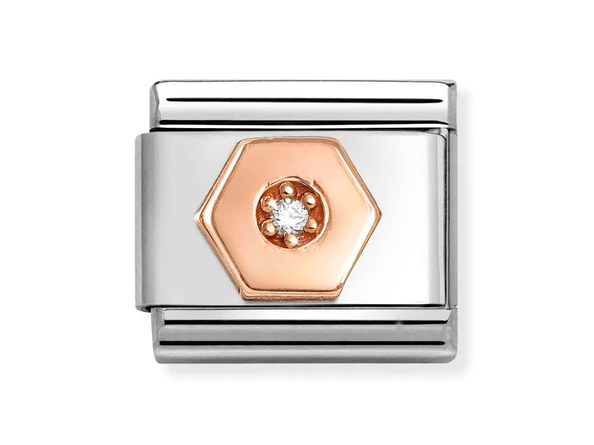 Sechseckige Charm von Nomination in Roségold mit weißem Zirkonia, umgeben von silbernem Metall, aus der Element Classic Kollektion, neu und stilvoll.