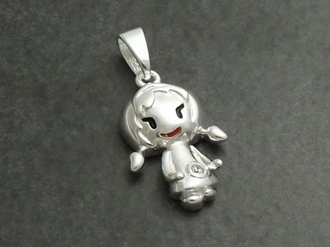 Mädchen Anhänger Zirkonia aus 925 Sterling Silber von Juwelier Harnisch für Kinder, zeigt eine fröhliche, verspielte Figur mit einem lächelnden Gesicht und kurzen Haaren.