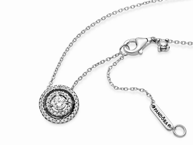 Pandora Silber 399414C01-45 Funkelnde Collier-Halskette mit doppeltem Halo - Zirkonia 45 cm