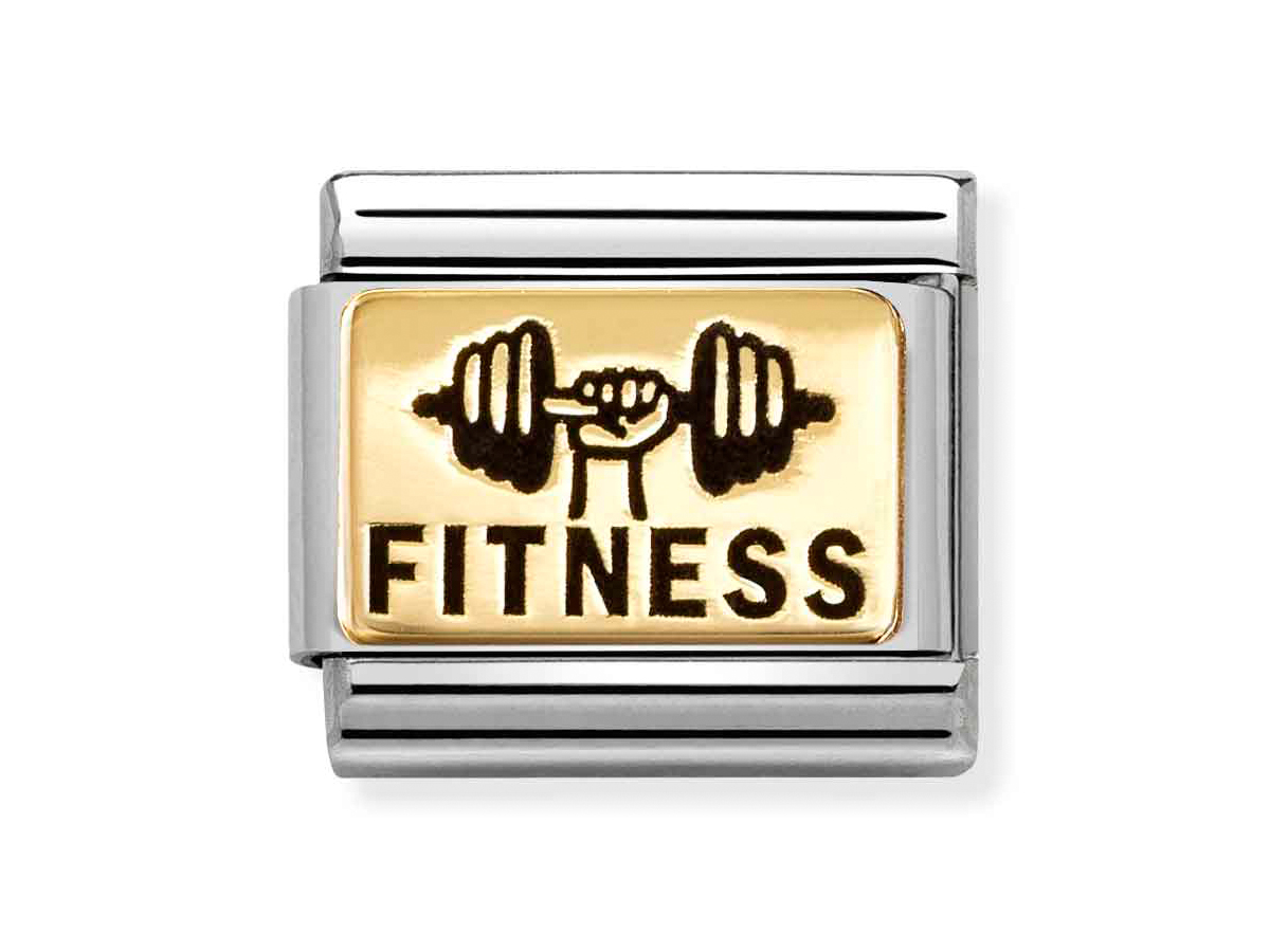 Fitness Element aus der Classic Gold Kollektion von Nomination, zeigt eine Hantel und das Wort FITNESS in schwarzer Schrift auf einem goldenen Hintergrund. Ideal für Fitnessliebhaber.