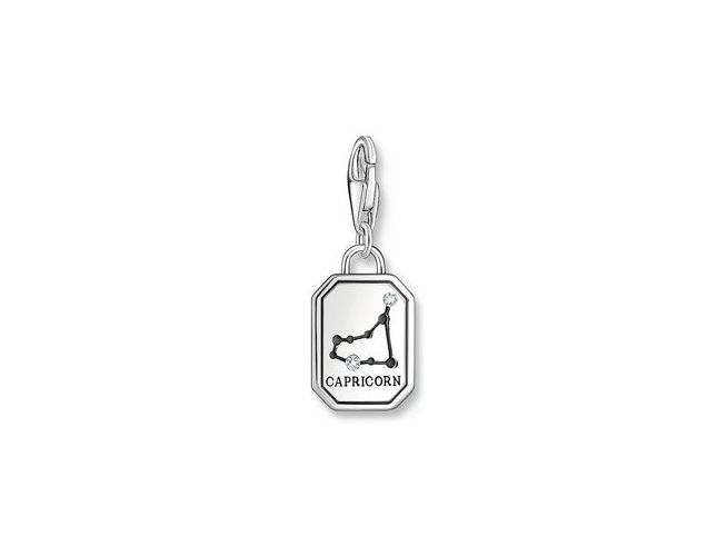 Charm-Anhänger von Thomas Sabo aus geschwärztem Silber mit dem Sternzeichen Steinbock und Zirkonia, zeigt das Sternbild und die Bezeichnung Capricorn. Neuheiten im Schmuckdesign.