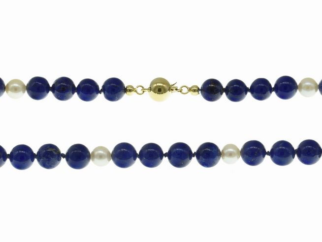 Steinkette - Lapislazuli + Süßwasser-Zuchtperlen 6,5-8 mm - Blau - Weiß - 44 cm - Gold 585