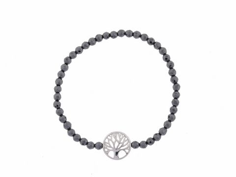 Silber Armband - Lebensbaum rhod. - Hämatit anthrazit - Gummizug 18 cm