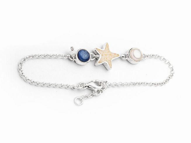 DUR Sandseestern A1845 - Sterling Silber Armband - rhodiniert - Perle + Kyanit + Strandsand - 19 cm