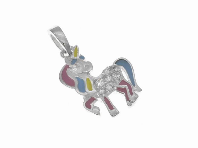 Einhorn Anhänger verspielt - unicorn - Silber - Zirkonia + Lack Pink - Blau - Gelb