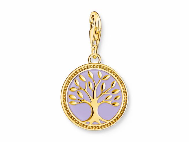 Charm-Anhänger von Thomas Sabo in Silber und vergoldetem Gelbgold, zeigt einen Lebensbaum mit violettem Hintergrund, ideal für modische Akzente.