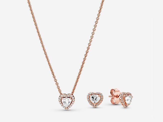 Pandora SET erhabenes Herz 288427C01 + 388425C01-45 - Roségold Vergoldung - elevated Heart - Zirkonia Weiß