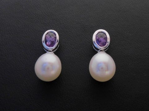 Silber Ohrringe - Tropfen - Zuchtperle 8-8,5mm + Amethyst - rhodiniert