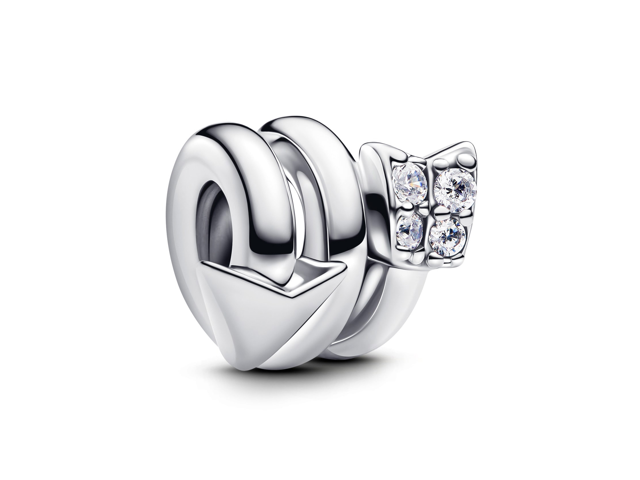 Silber Charm von Pandora in Form eines drehenden Pfeils mit Zirkonia-Einsätzen glänzt elegant und modern und ist ein attraktives Accessoire für Armbänder.