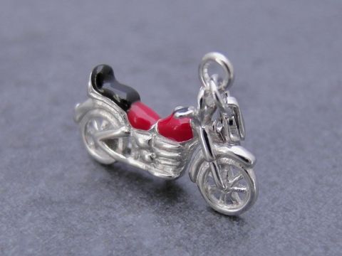 Silber Charms Anhänger - Motorrad - Kristall - rot-schwarz - plastisch 3D