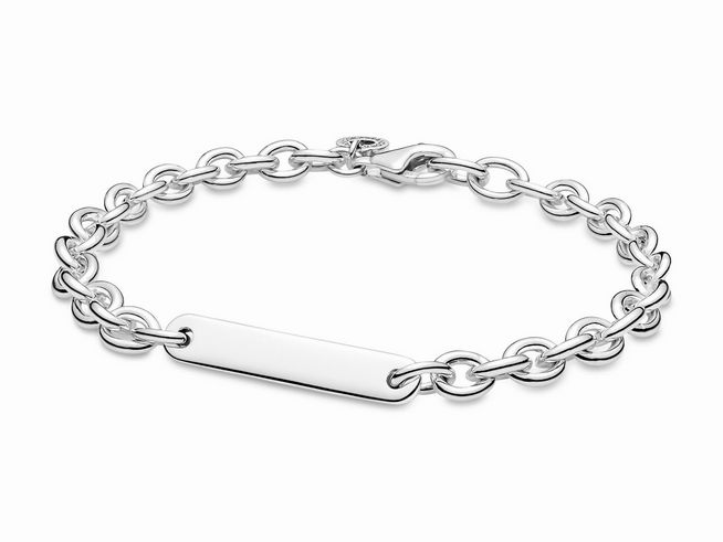 Silbernes Gravur Armband von Pandora mit flacher Platte zur Personalisierung und einem feinen Kettendesign, Länge 18 cm, ideal für individuelle Geschenkideen oder Schmuckliebhaber.