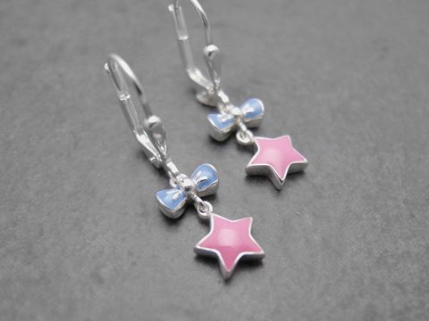 Ohrringe - Schleife mit Stern - Sterling Silber - hellblau - pink - Lack