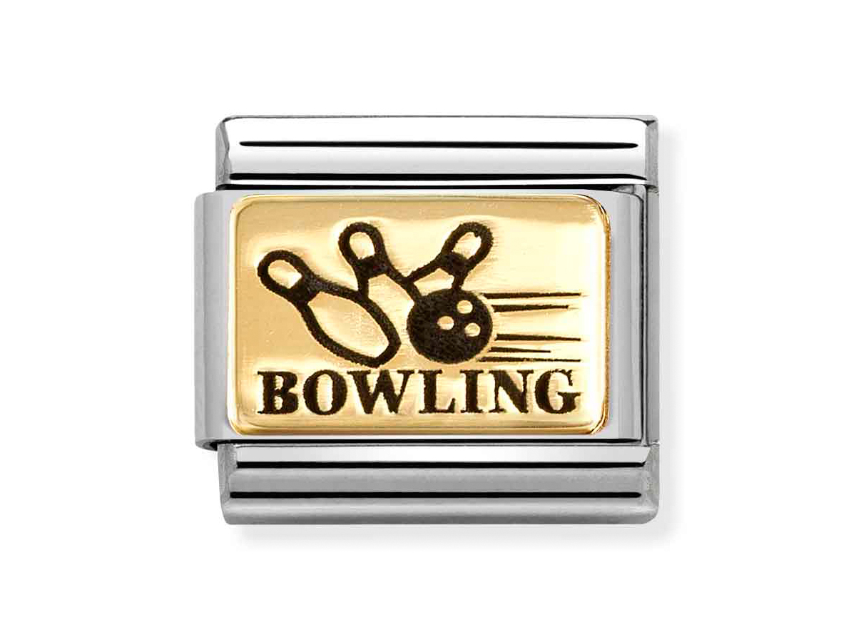 Ein charm aus der Kollektion Nomination mit dem Design eines Bowling-Themenmotivs. Der Hintergrund ist goldfarben und zeigt Bowlingkugeln und Pins in einem stilisierten Design.