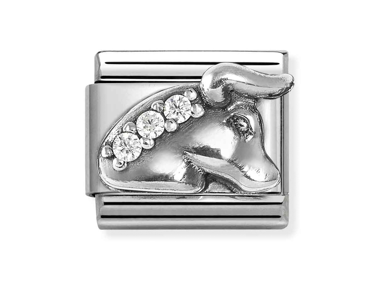 Sterling Silber Charm von Nomination mit dem Sternzeichen Stier, verziert mit Zirkonia, aus der Kollektion Classic Silber, neu und elegant gestaltet.