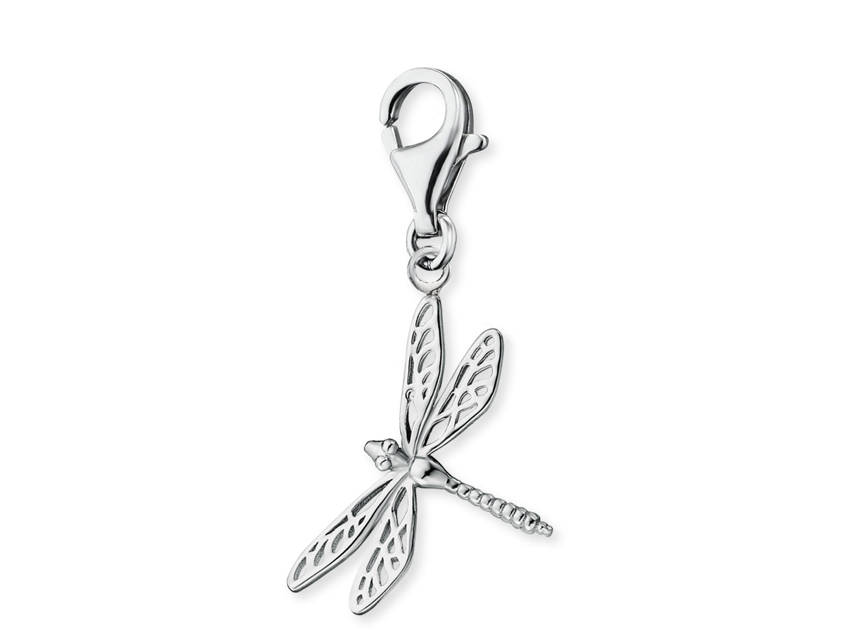 Silberner Charm in Form einer Libelle mit filigranen Details und einem Karabinerhaken, ideal zum Anhängen an Armbänder oder Halsketten, Hersteller ist Engelsrufer.