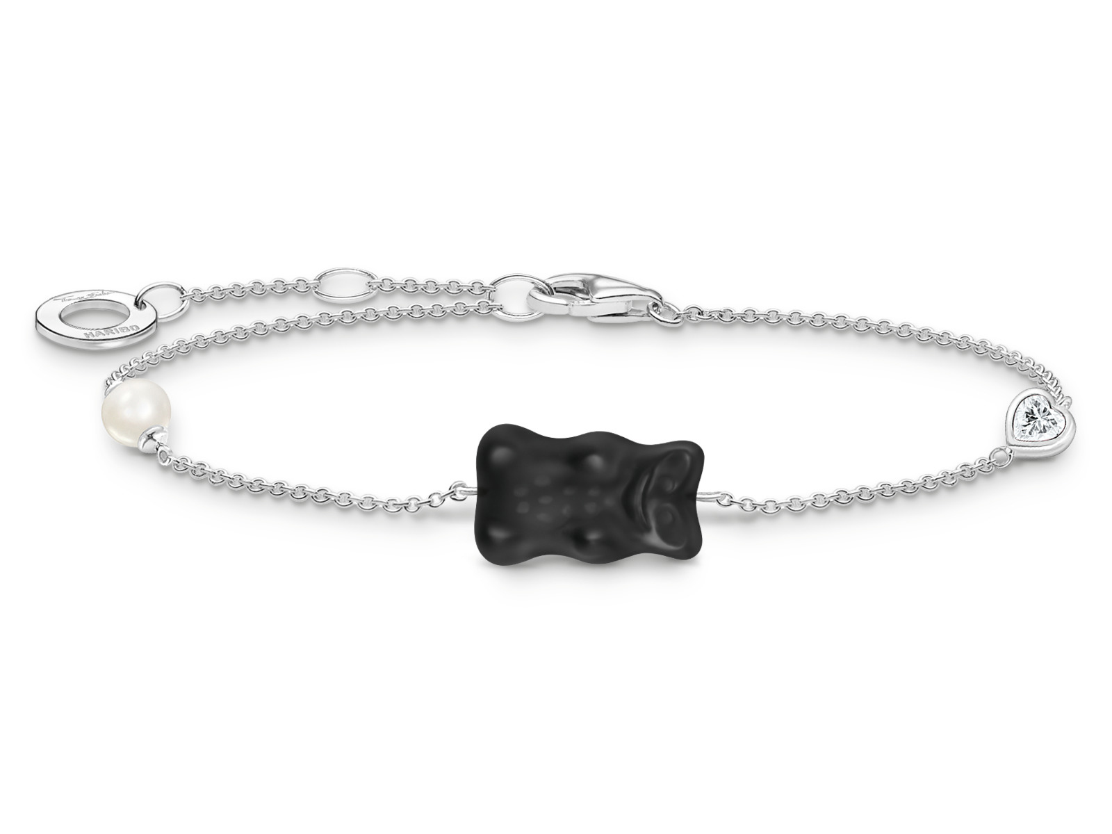 Armband von Thomas Sabo mit einem schwarzen HARIBO Goldbären aus Gummi, Zirkonia und einer Perle, verstellbar von 16 bis 19 cm, elegant und verspielt.