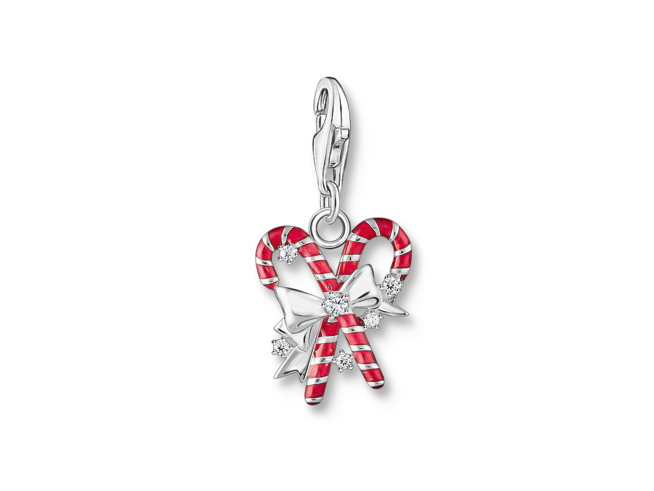 Buntes Zuckerstangen Charm aus Silber und Emaille mit Zirkonia, verziert mit einer Schleife und klaren Steinen, ideal für individuellen Schmuck. Hersteller Thomas Sabo Neuheiten.