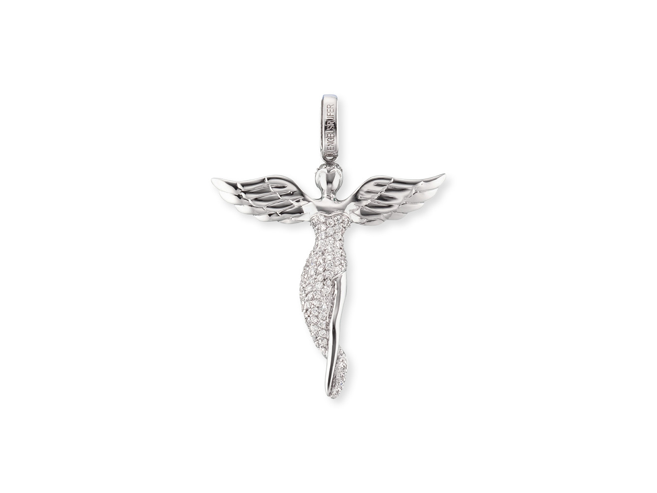 Engelsrufer ERP-ANGEL-S ANGEL Anhänger aus rhodiniertem Silber mit Zirkonia in Engel-Form, zeigt einen detaillierten Engel mit ausgebreiteten Flügeln, 2,5 cm groß.