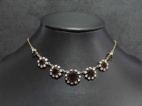 Strass Kette - stilvoll - GRANATROT-WEIß - 43 cm - goldfarben