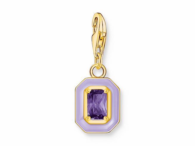 Charm-Anhänger in Oktagon-Form von Thomas Sabo in Silber mit vergoldeter Fassung, violettem Stein und lilafarbenem Emaille-Hintergrund. Ideal für Schmuckliebhaber.