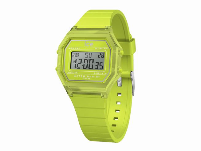 ICE digit retro Green lime clear silberfarben mit grünem Armband, digitale Anzeige, wasserdicht bis 30 Meter, sportliches Design, Hersteller Ice watch, Neuheiten.