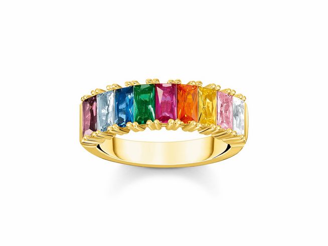 Ring aus Sterling Silber in vergoldeter Ausführung mit bunten rechteckigen Steinen in Regenbogenfarben, Modell Thomas Sabo TR2404-996-7-60, Größe 60.