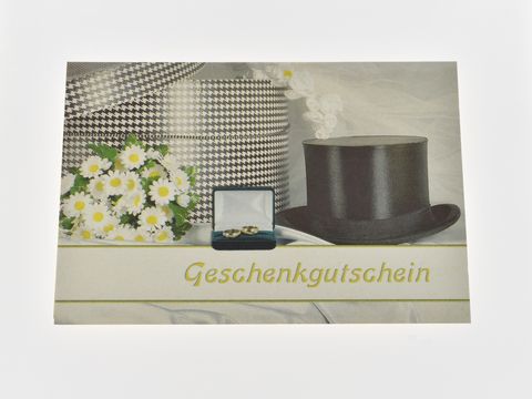 Gutscheinkarte - Hutschachtel, Zylinder, Ringe, Blumenstrauß