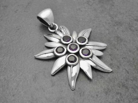 Edelweiß - Silber Anhänger 43,4 mm - Alpenblume - Amethyst - Schmuckstück