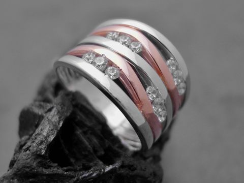 Designerwellen Ring - Gr. 48 - Sterling Silber - bicolor Rosévergoldung rhod. - Zirkonia